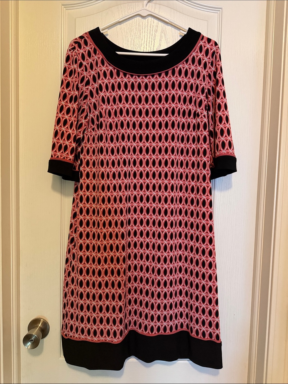 R&K Pink Geometric Midi Dress with Black Trim